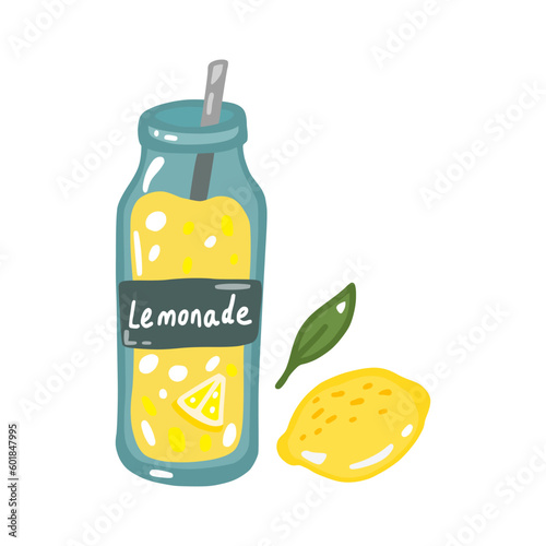 Illustration of glass bottles with lemonade and metal tube. Environmental demand for life, reuse
