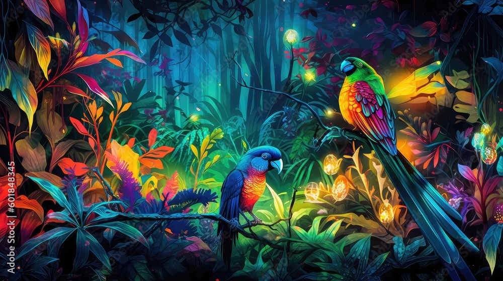 Neon colorful birds and Trees at night 