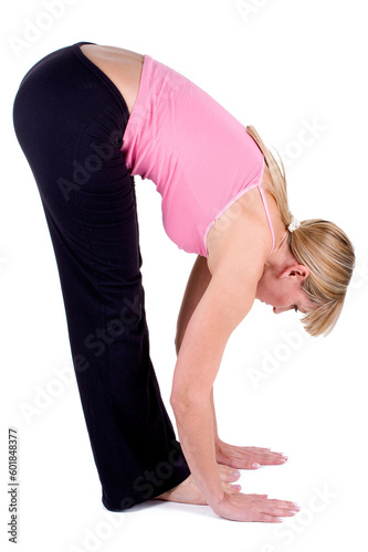 Yoga stretching exercises on white background with female model