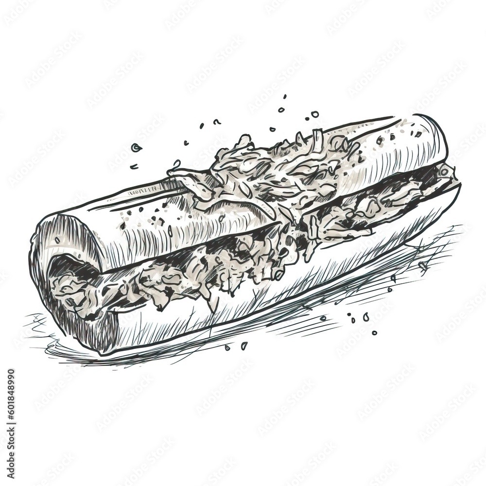 A hand drawn sketch of a cheesesteak in black and white. Perfectly generated with AI technology