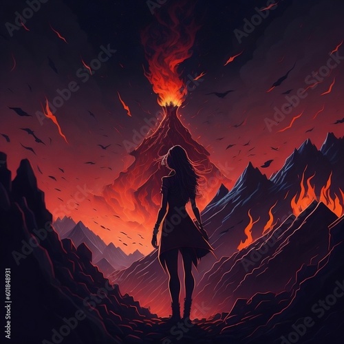 A young woman playing with a group of fire elementals in a volcano crater