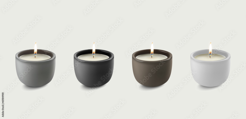 Vector 3d Realistic Wax Burning Party, Spa Candle with Flame of a Candle in a Cup or Bowl Icon Set Isolated. Design Template, Front View Vector 3d Realistic Wax Burning Party, Spa Candle with Flame of a Candle in a Cup or Bowl Icon Set Isolated. Design Template, Front View