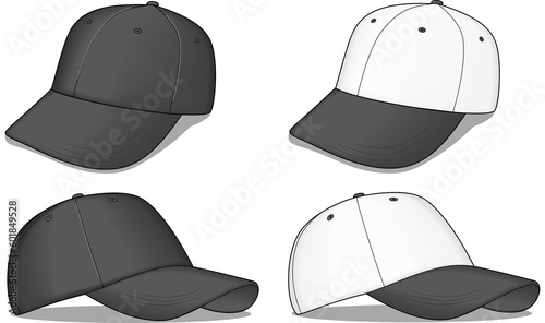 This is a set of black and white baseball caps - they are vector illustrations