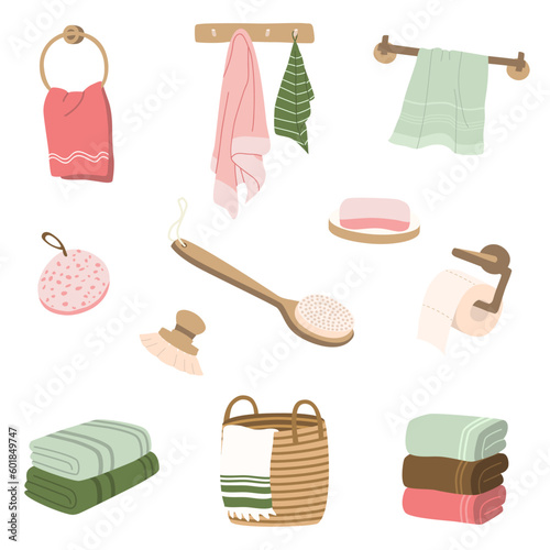 Bathroom elements. A set of towels on a hanger, in a laundry basket, folded in a pile. Personal care accessories with washcloth, body brush, massage brush, soap and toilet paper. Vector illustration.