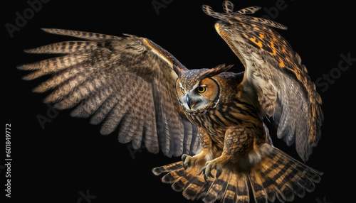 Brilliant orange eyes of the owl Nighttime raptor.Generative AI.
