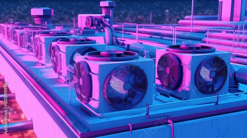 Air conditioning machine set up on the rooftop of the buildings shows a carbon footprint under uv lighting and contributes global warming and climate change