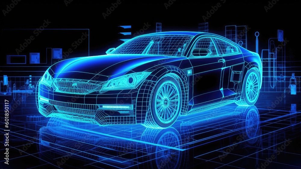 Naklejka premium Artists creative ideas and illustrations for supercars, neon sketches of supercars, blueprints of supercars 