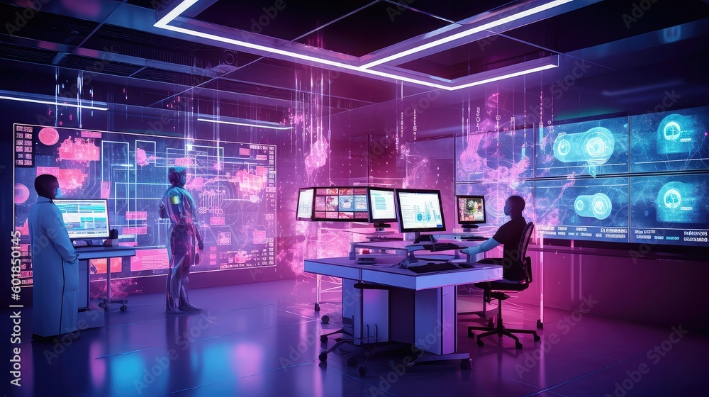 Scientists working with artificial intelligent robots in the laboratory Scientists working with artificial intelligent robots in the laboratory