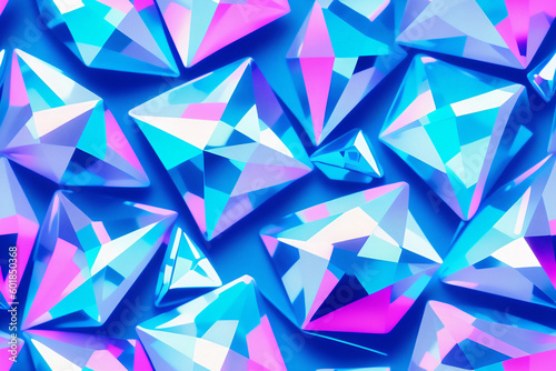 Seamless colorful mosaic background, geometric pattern, kaleidoscope, wallpaper. Diamond crystals in neon. Generative AI
