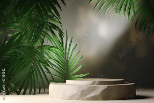 Natural stone podium for product display and placement on brown background, palm leaves and shadows. Generative AI
