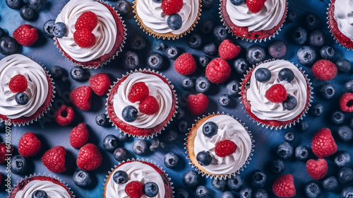 Patriotic American Themed Holiday Cupcakes Dessert - Flag Red  White  and Blue Colors - Veterans Day  Memorial Day  and Fourth of July Food Concept - Generative AI