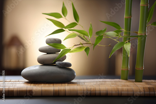 Wellness and relax concept. Balancing stones and bamboo trees in cozy beige interior. Generative AI