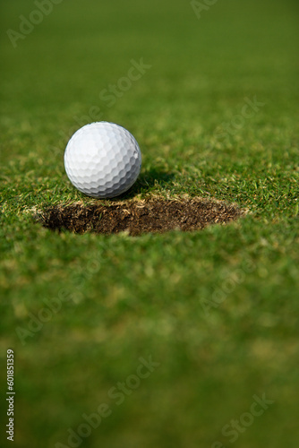 Close up image of golf ball close to the hole.