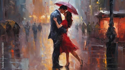 Oil painting of a lovingly embracing couple in the rain with an umbrella (Generative AI, Generativ, KI) © Teppi