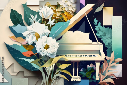 mixed media vintage collage of a music grand piano instrument and paper cut flowers and abstract elements. Generative AI photo