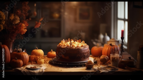 American pumpkin pie on a dark background with candles in halloween. Generative ai