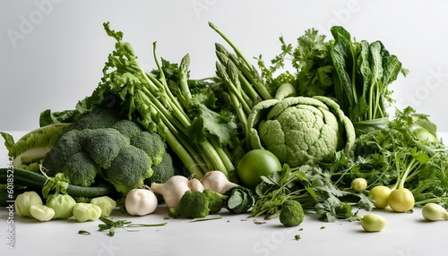 Set of different green vegetables on white background. Healthy food. Ai generative