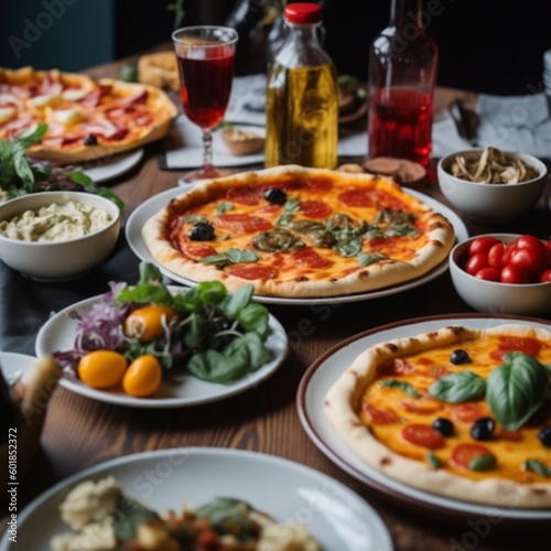 Pizza on the table, Italian food, Italian restaurant serving pizza, Generative Ai