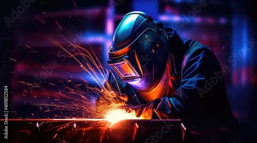 Men wearing helmets and protective gear for cutting metal and doing welding, Men wearing safety gear and doing welding, heavy-duty industry and manufacturing plant, iron and metal industry workers,   photo