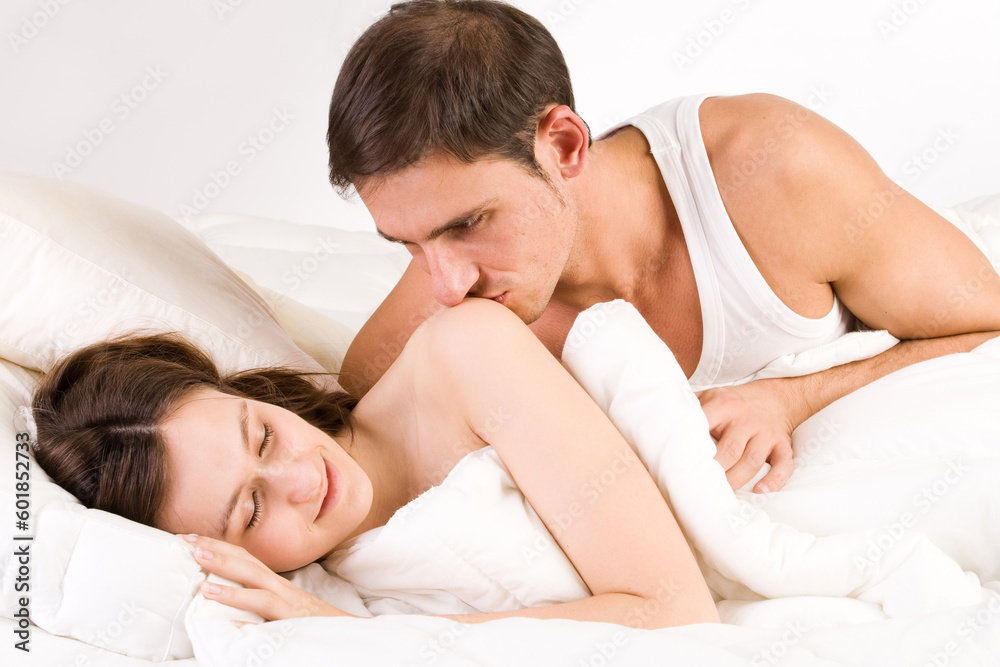 Young adult couple in the studio sleeping Young adult couple in the studio sleeping