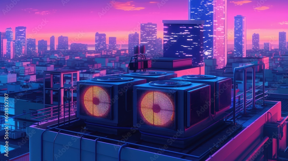 Air conditioning unit or system on the rooftop of the buildings shows a carbon footprint under