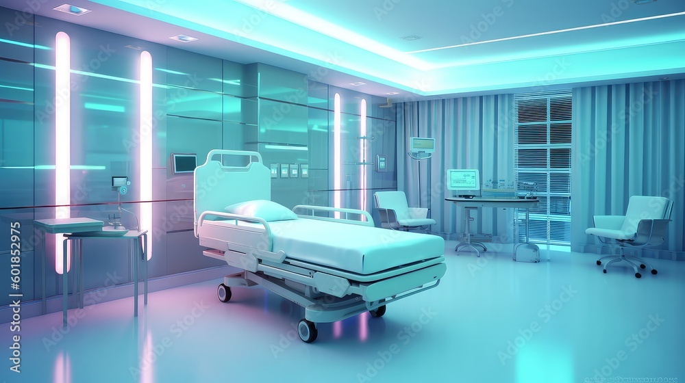 A Modern empty hospital cabin with bright light and cutting edge hospital bed