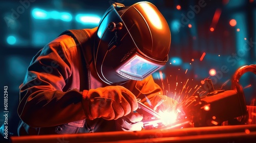 Man working in manufacturing plant and wearing safety gear for welding, Men wearing helmets and doing welding, heavy-duty industry and manufacturing plant, iron and metal industry workers, welding job photo