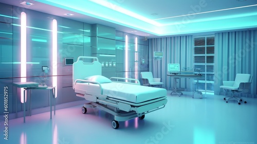 A Modern empty hospital cabin with bright light and cutting edge hospital bed