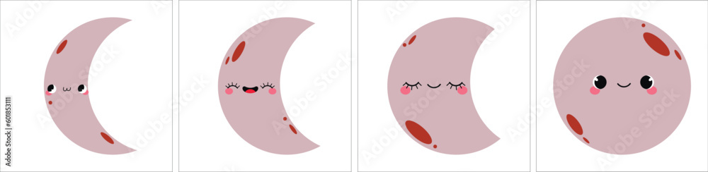 Fototapeta premium Set of cards with the moon phase. Cute funny moon character for kids print,poster,textile,memory and more.