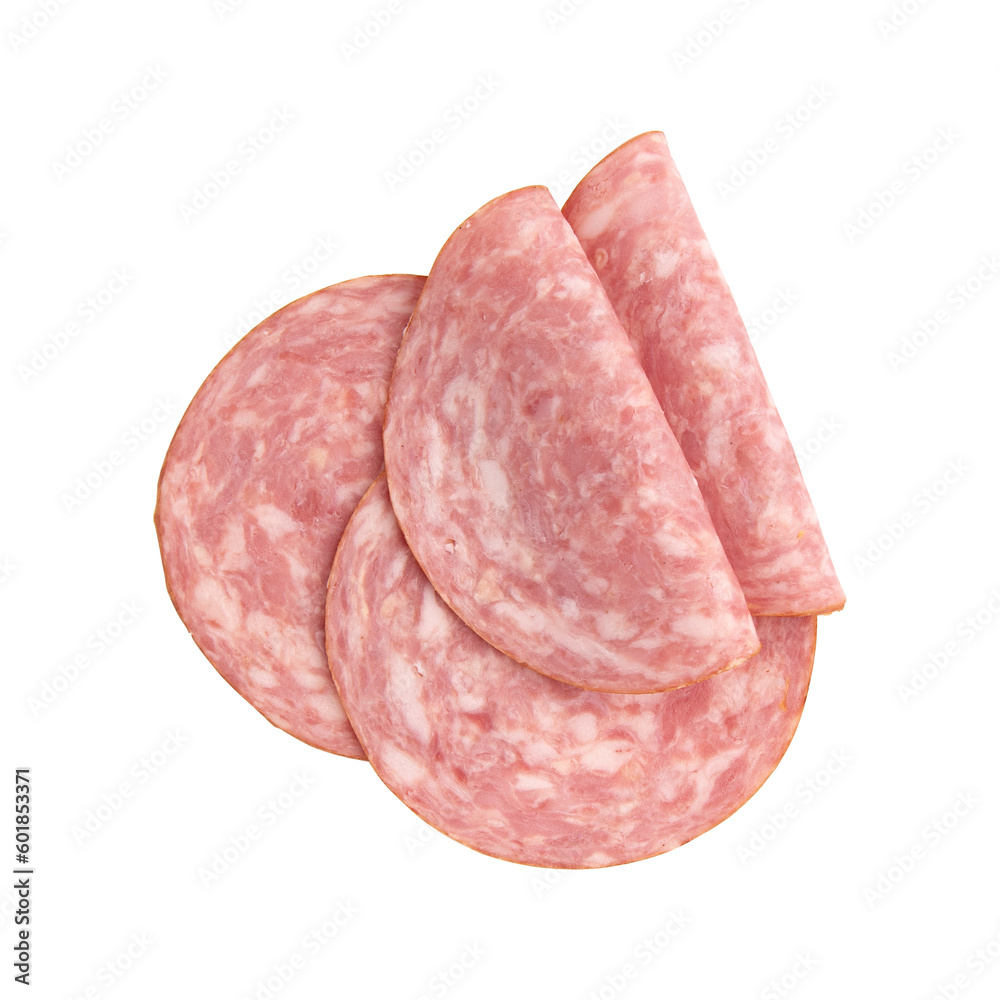 ham slices isolated on white background, four pieces of sliced sausage laid out to create layout ham slices isolated on white background, four pieces of sliced sausage laid out to create layout