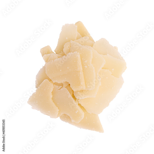 pieces of delicious parmesan cheese isolated on white background, package design element, italian food photo