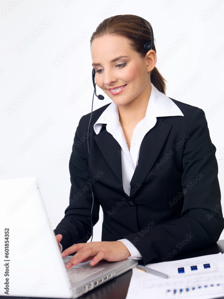 Portrait of beautiful and young business woman with headphones Portrait of beautiful and young business woman with headphones