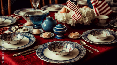 Patriotic American Holiday Themed Dinner Plate Setting and Tablescape- Flag Red, White, and Blue - Veterans Day, Memorial Day, and Fourth of July Concept - Generative AI