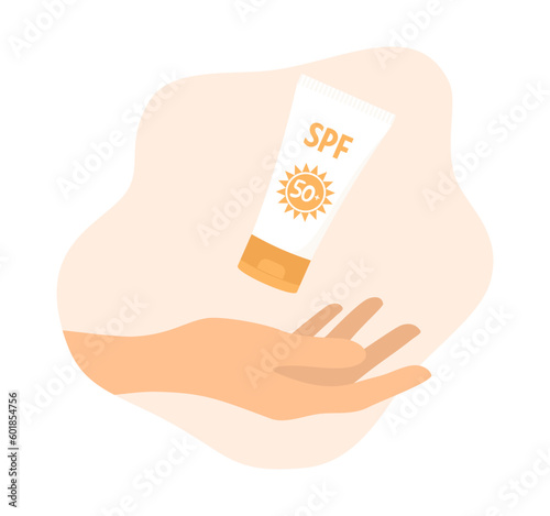 A hand holding a tube of sunscreen on a white background. Flat vector illustration