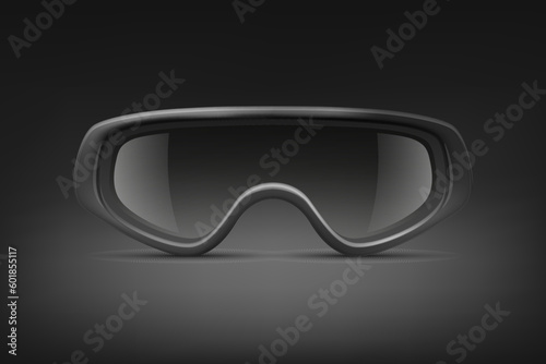 Vector 3d Realistic Military, Industrial Black Safety Glasses Icon Closeup Isolated on Black Background. Transparent Glasses, Safety Glasses - Sports, Military, Uniform. Front View