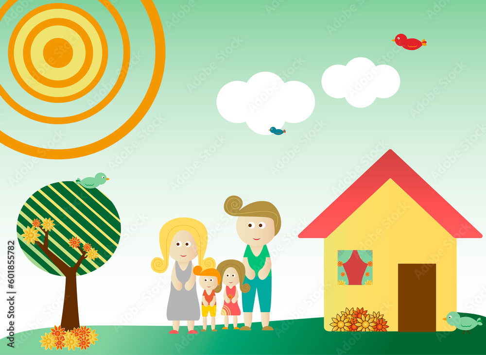 Fototapeta premium Retro style family in a background with tree, sun, clouds, flowers and birds