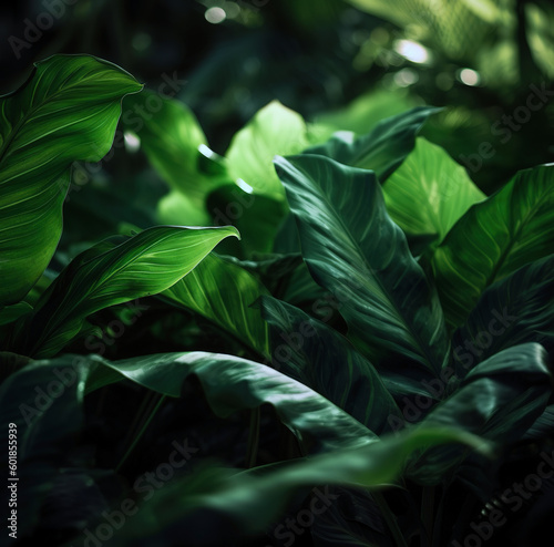 Serene tropical green leaves background. Close up. Generated by AI.