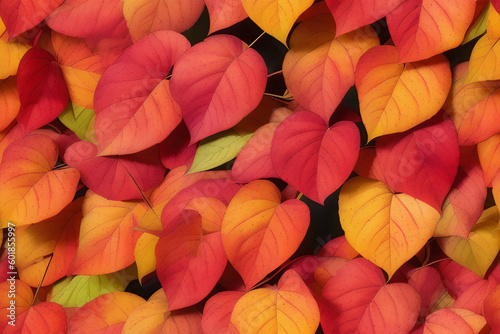 Seamless texture of red yellow green autumn colorful leaves. Background, wallpaper, imprint on fabric.  Generative AI.