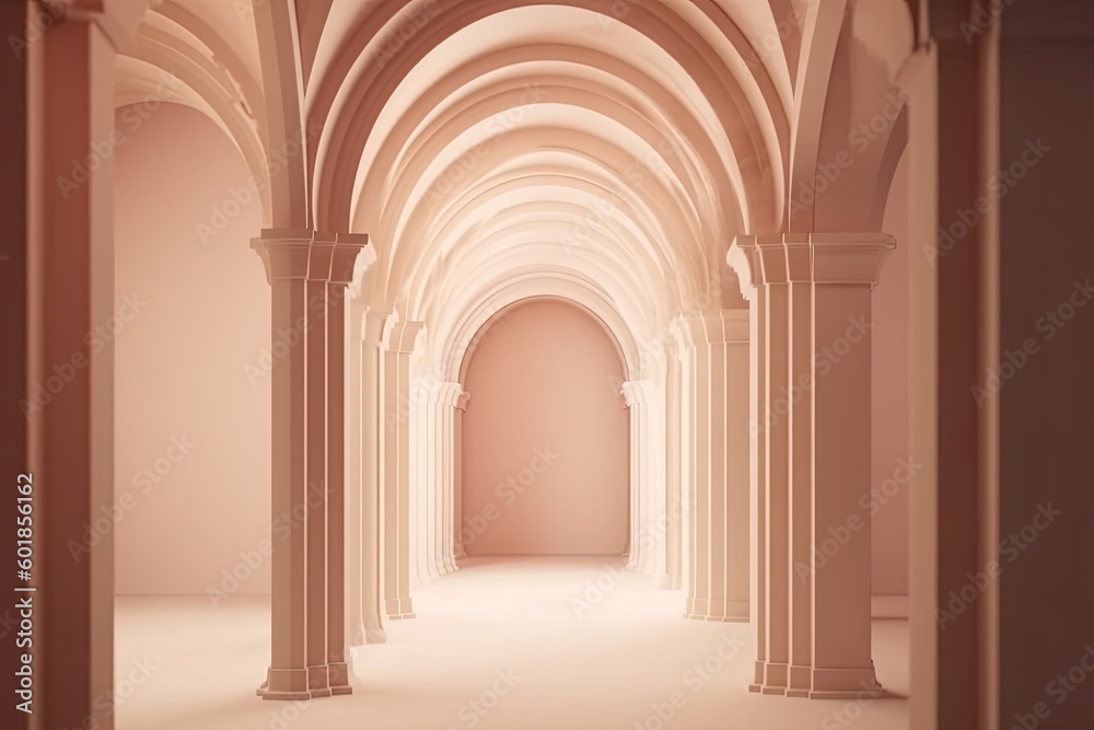 an empty hallway with arches and pillars Generative AI
