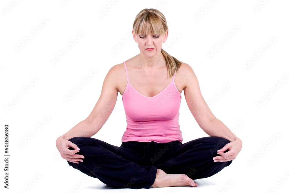 Yoga stretching exercises on white background with female model