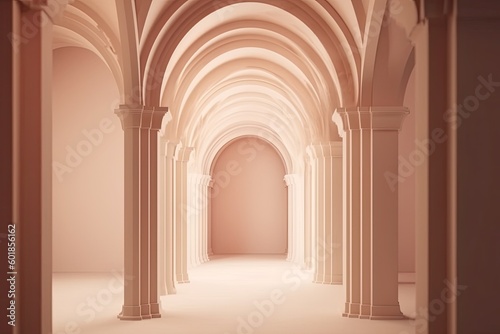 an empty hallway with arches and pillars Generative AI