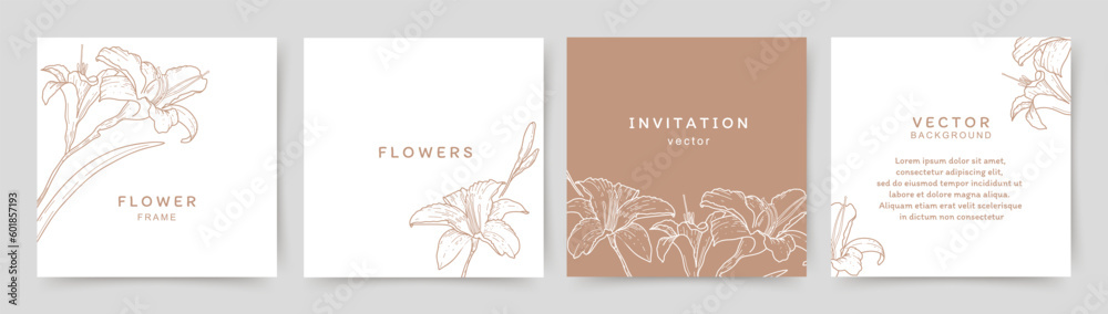 Set background in brown tones with lily flowers in line art style. Vector for wedding invitation, story and social media post, greeting card, packaging, corporate design