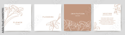 Set background in brown tones with lily flowers in line art style. Vector for wedding invitation, story and social media post, greeting card, packaging, corporate design