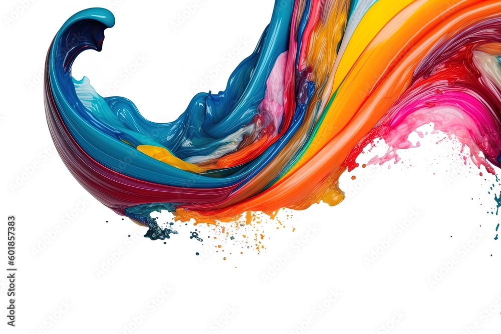 Fototapeta premium Colorful bright paint swirls with splashes and empty white space. Liquid vivid flow with twists, curved dynamic lines for creative background. Fluid vortex made of acrylic or alcohol ink.