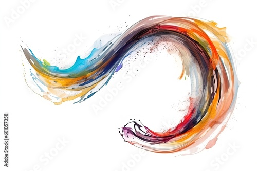 Colorful bright paint swirls with splashes and empty white space. Liquid vivid flow with twists, curved dynamic lines for creative background. Fluid vortex made of acrylic or alcohol ink.