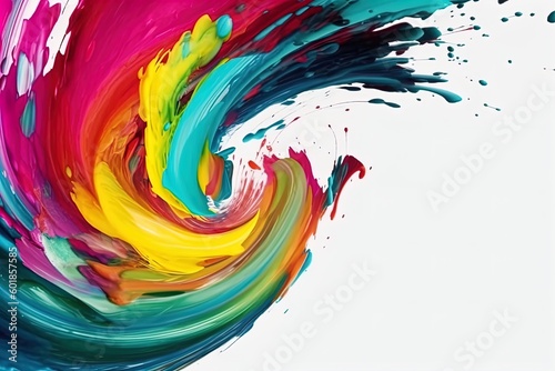 Colorful bright paint swirls with splashes and empty white space. Liquid vivid flow with twists  curved dynamic lines for creative background. Fluid vortex made of acrylic or alcohol ink.