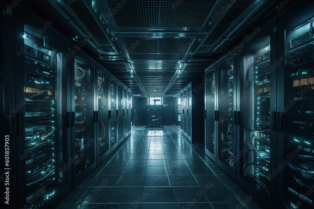 A blue-lit server room filled with server racks for cloud storage. Generative AI