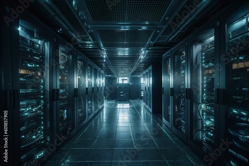 A blue-lit server room filled with server racks for cloud storage. Generative AI