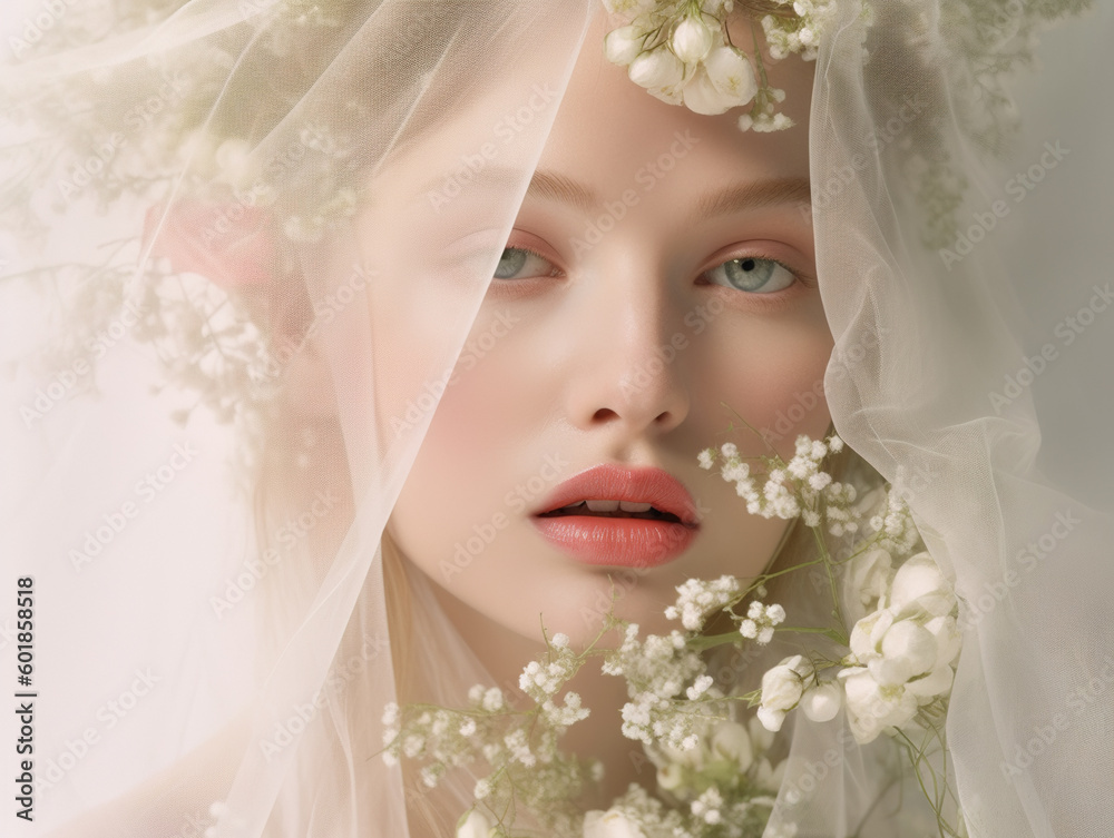 Naklejka premium Beautiful young bride with veil and floral wreath. AI generated image.