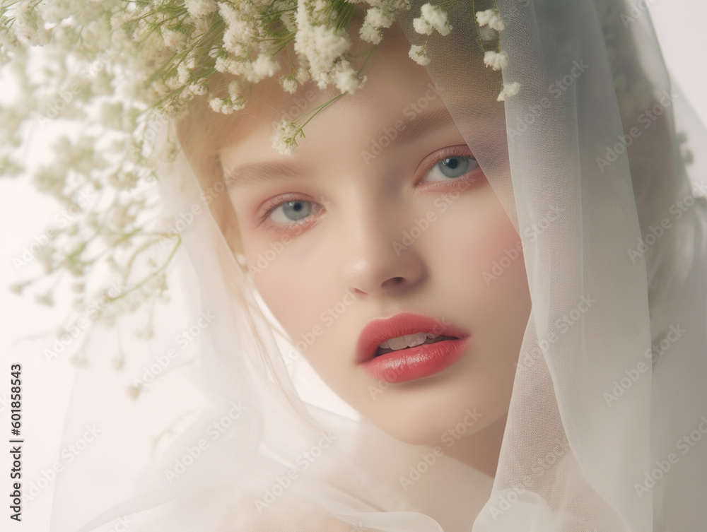 Beautiful young bride with veil and floral wreath. AI generated image. Beautiful young bride with veil and floral wreath. AI generated image.